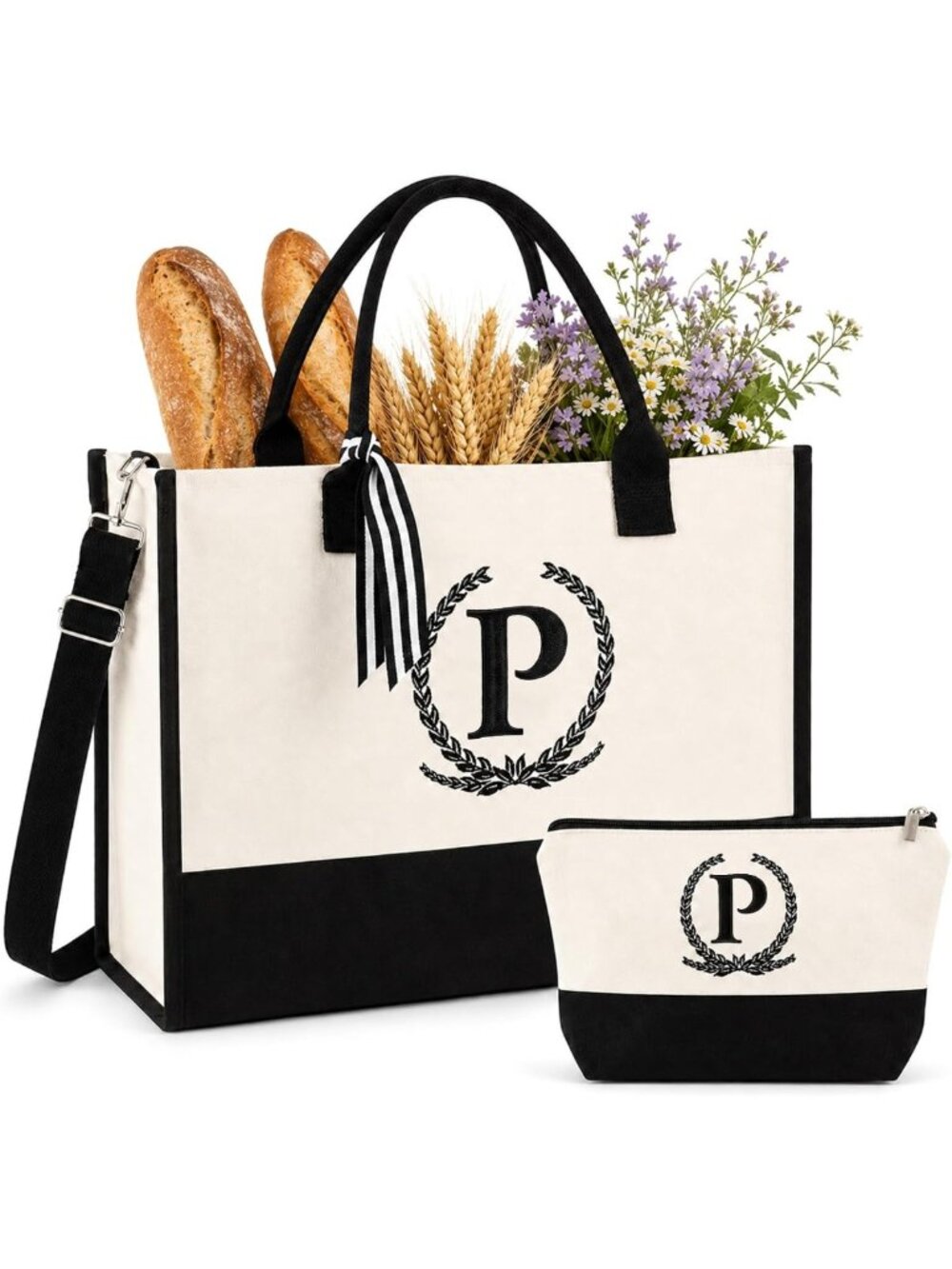 Floral Embroidered Monogram Canvas Tote Bag with Zipper Pockets - Perfect Gift